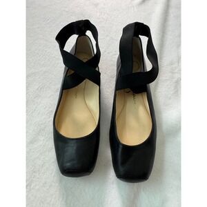 Jessica Simpson Mandalaye Black Leather Square Toe Ankle Strap Ballet Flats 9.5M